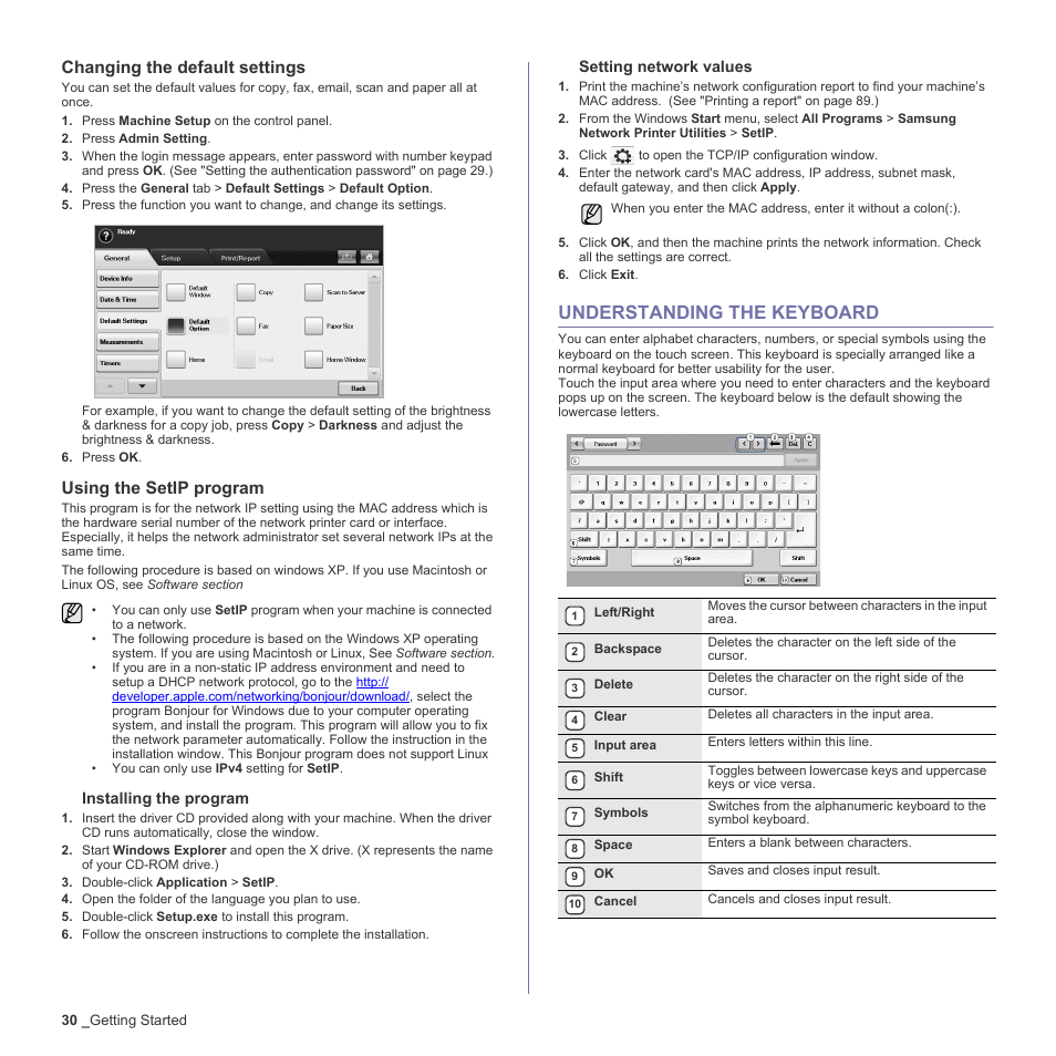 Changing the default settings, Using the setip program, Understanding the keyboard | 30 understanding the keyboard | Samsung SCX-6555N-XBG User Manual | Page 30 / 187