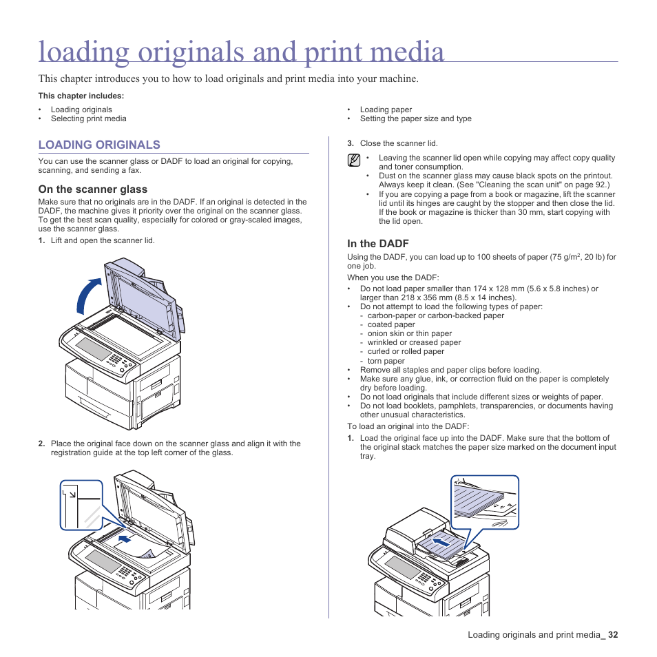 Loading originals and print media, Loading originals, On the scanner glass | In the dadf, 32 loading originals | Samsung SCX-6555N-XBG User Manual | Page 32 / 187
