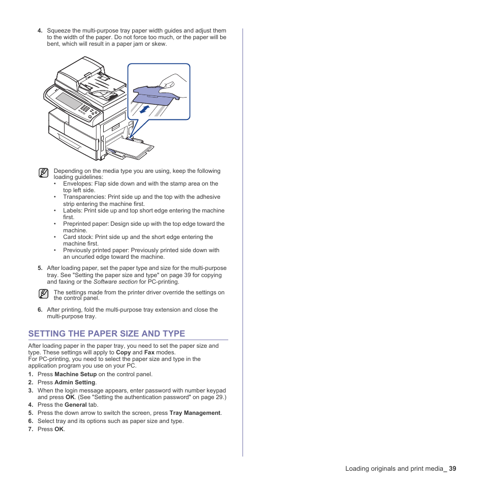 Setting the paper size and type, 39 setting the paper size and type | Samsung SCX-6555N-XBG User Manual | Page 39 / 187