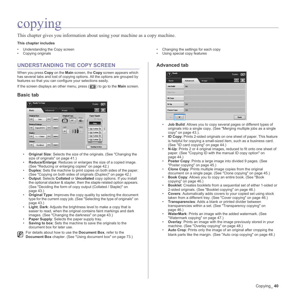 Copying, Understanding the copy screen, Basic tab | Advanced tab, 40 understanding the copy screen | Samsung SCX-6555N-XBG User Manual | Page 40 / 187