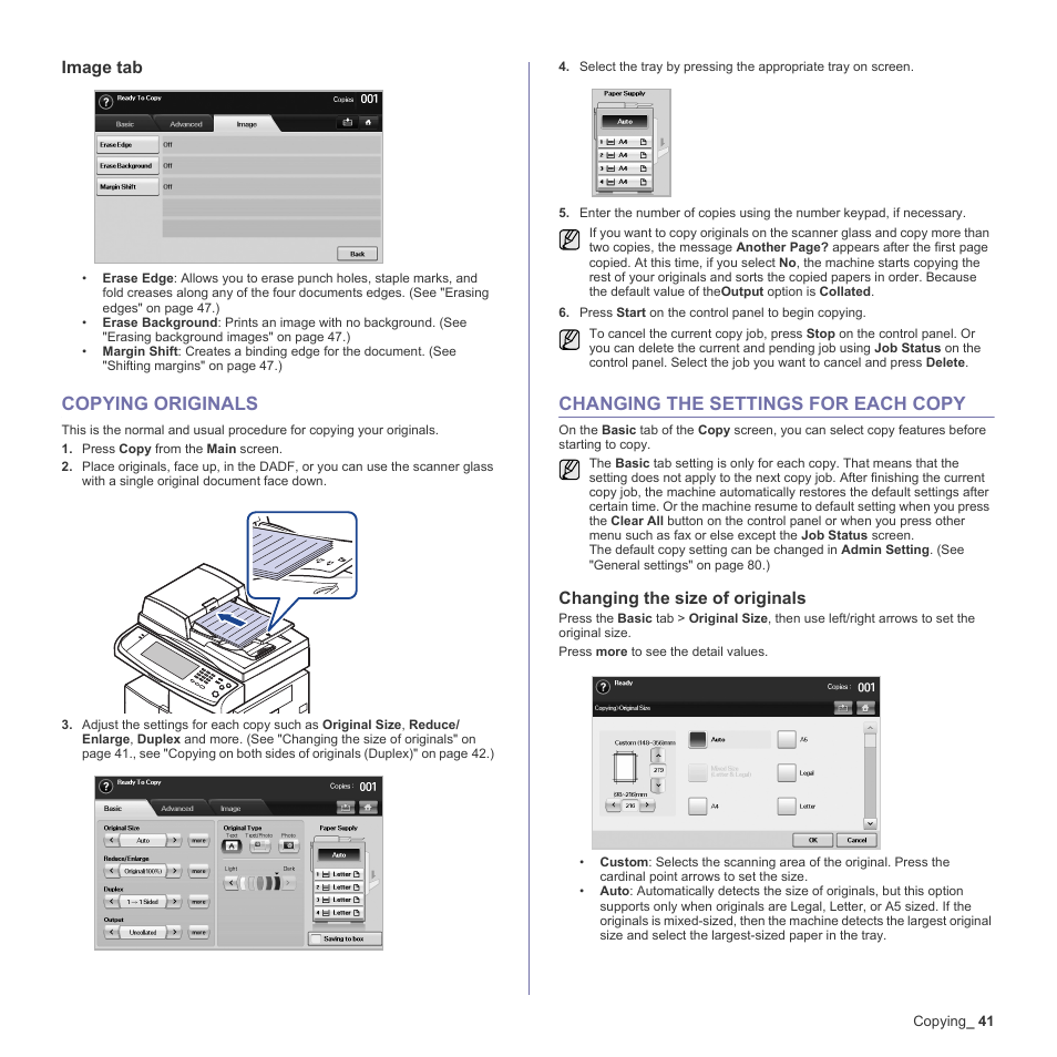 Image tab, Copying originals, Changing the settings for each copy | Changing the size of originals, S. (see "changing the | Samsung SCX-6555N-XBG User Manual | Page 41 / 187
