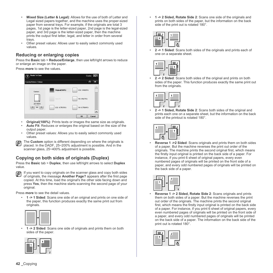 Reducing or enlarging copies, Copying on both sides of originals (duplex), Copying on both sides of originals | Samsung SCX-6555N-XBG User Manual | Page 42 / 187