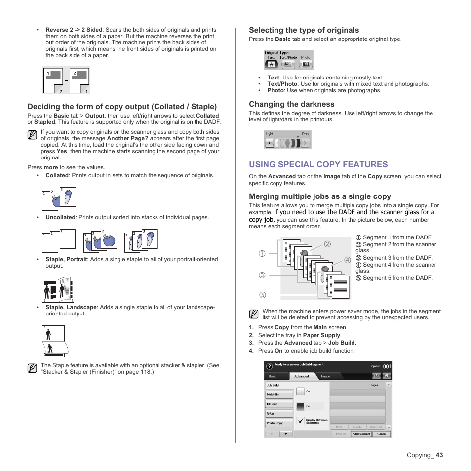 Selecting the type of originals, Changing the darkness, Using special copy features | Merging multiple jobs as a single copy, 43 using special copy features, Ob. (see "selecting the type of originals" on, Le copy. (see "merging multiple jobs as a single | Samsung SCX-6555N-XBG User Manual | Page 43 / 187