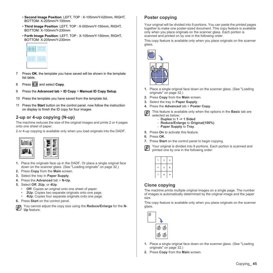 Up or 4-up copying (n-up), Poster copying, Clone copying | Samsung SCX-6555N-XBG User Manual | Page 45 / 187