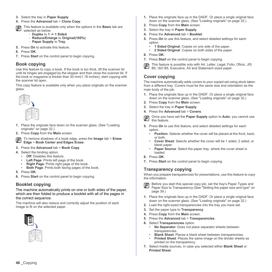 Book copying, Booklet copying, Cover copying | Transparency copying, See "book, Set. (see "transparency copying" on | Samsung SCX-6555N-XBG User Manual | Page 46 / 187