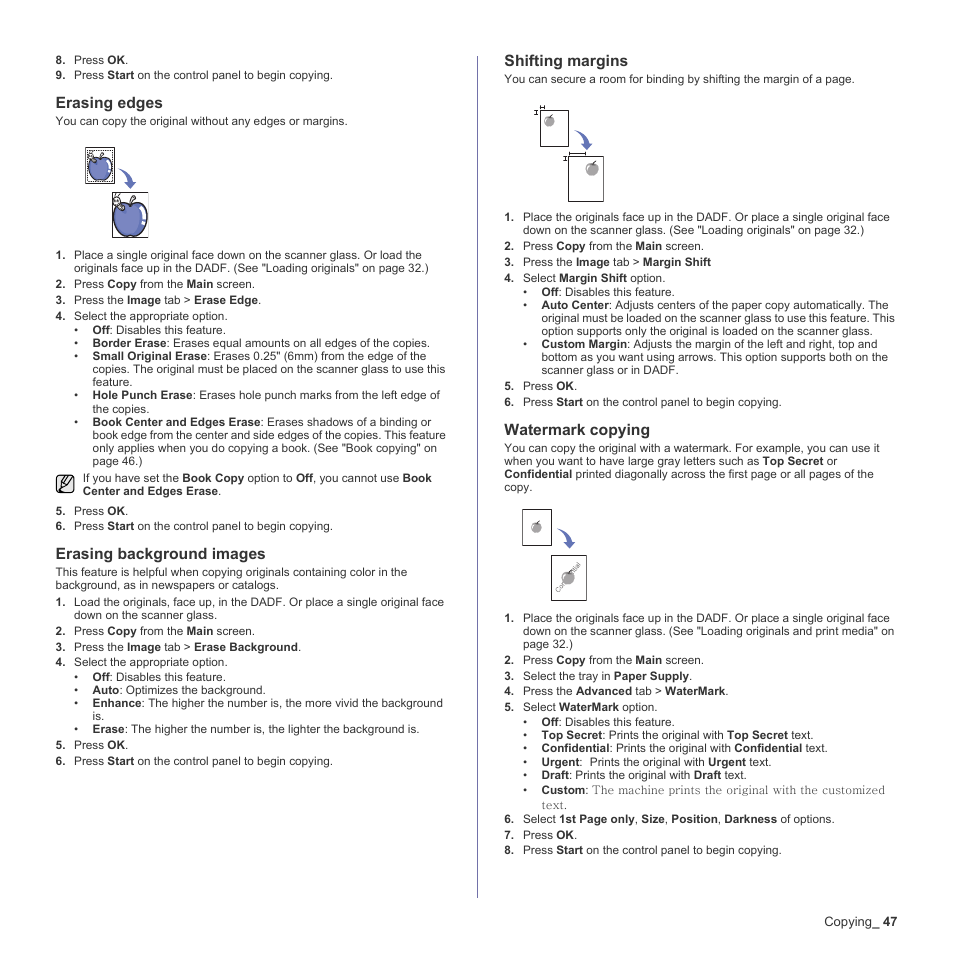 Erasing edges, Erasing background images, Shifting margins | Watermark copying, Es. (see "erasing | Samsung SCX-6555N-XBG User Manual | Page 47 / 187