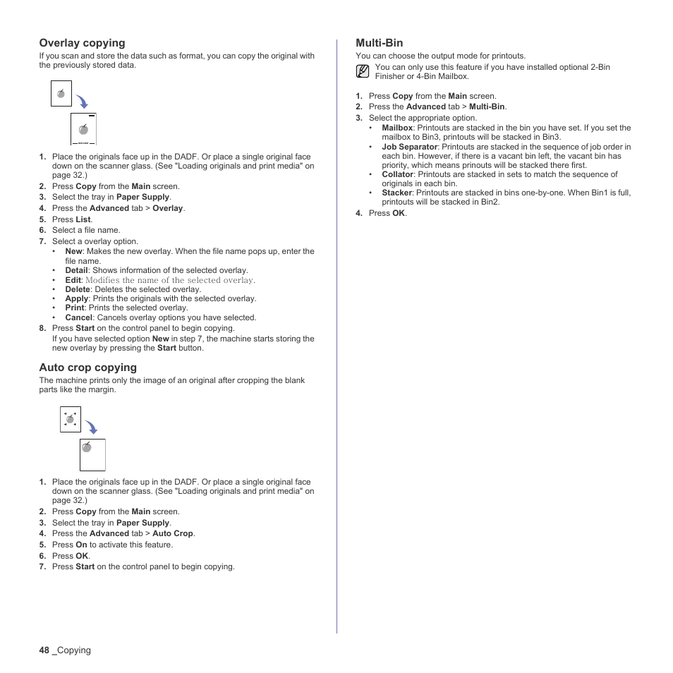 Overlay copying, Auto crop copying, Multi-bin | Samsung SCX-6555N-XBG User Manual | Page 48 / 187