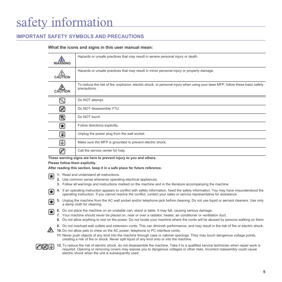 Safety information, Important safety symbols and precautions | Samsung SCX-6555N-XBG User Manual | Page 5 / 187