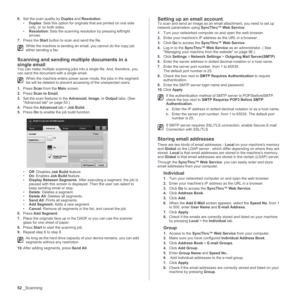 Setting up an email account, Storing email addresses, See "storing email | Ce. (see "scanning | Samsung SCX-6555N-XBG User Manual | Page 52 / 187