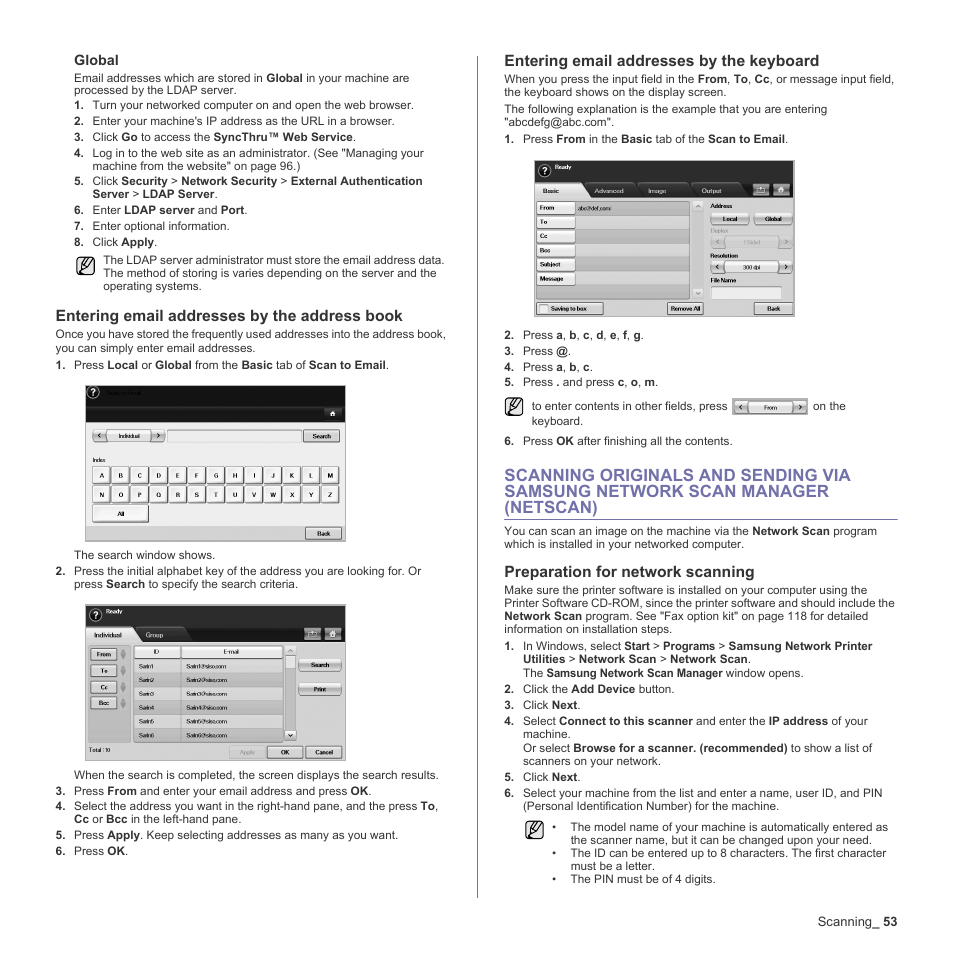 Entering email addresses by the address book, Entering email addresses by the keyboard, Preparation for network scanning | 53 scanning originals and sending via sams, Netscan), See "scanning originals and, Eb ui. (see "global" on | Samsung SCX-6555N-XBG User Manual | Page 53 / 187