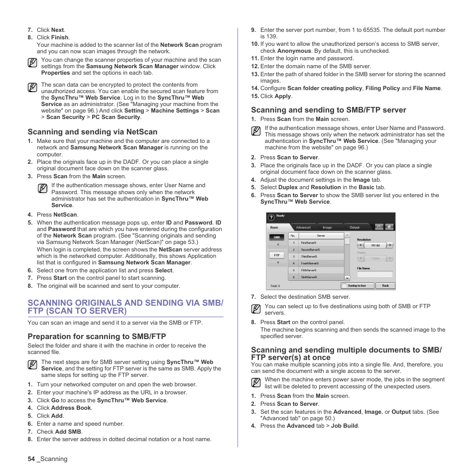 Scanning and sending via netscan, Preparation for scanning to smb/ftp, Scanning and sending to smb/ftp server | Server. (see, See "scanning originals and | Samsung SCX-6555N-XBG User Manual | Page 54 / 187