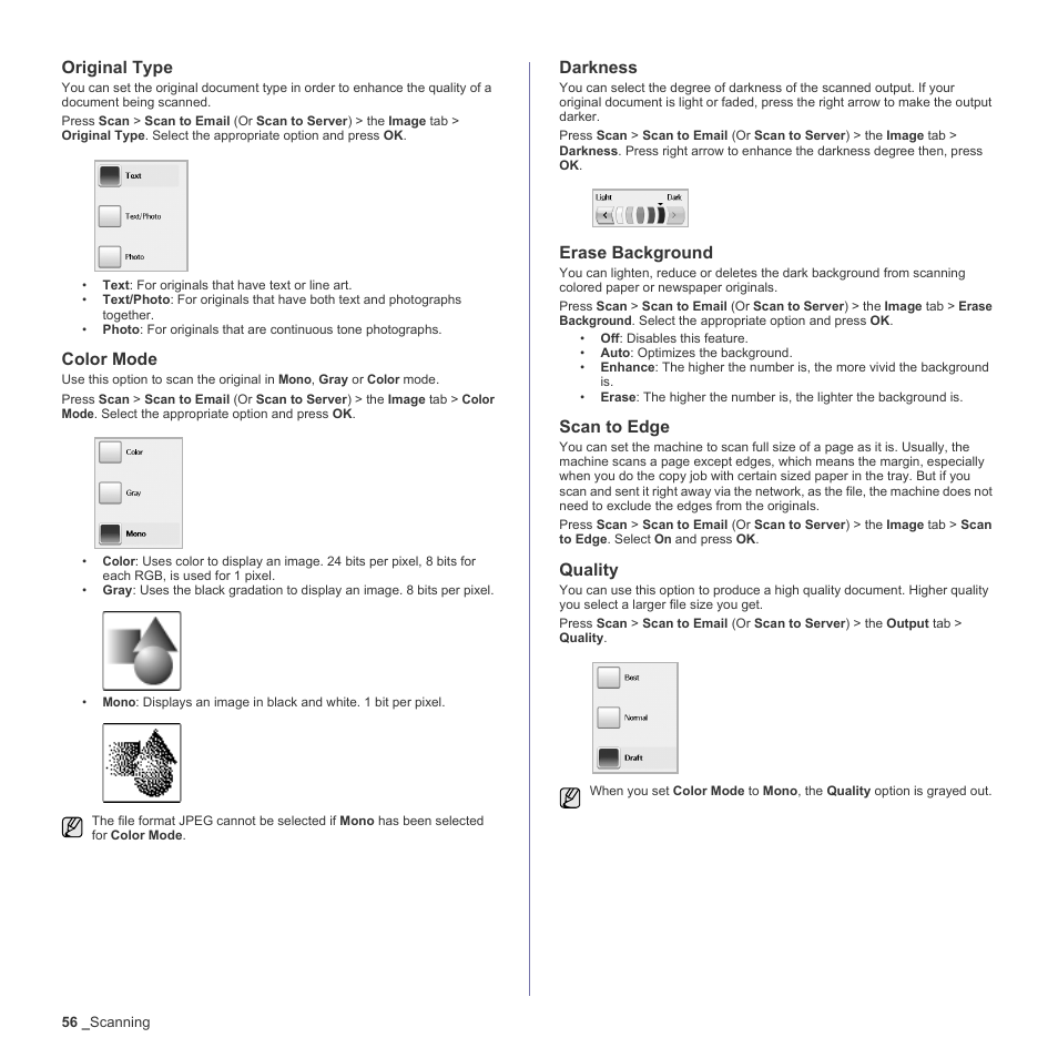 Original type, Color mode, Darkness | Erase background, Scan to edge, Quality, See "scan to | Samsung SCX-6555N-XBG User Manual | Page 56 / 187