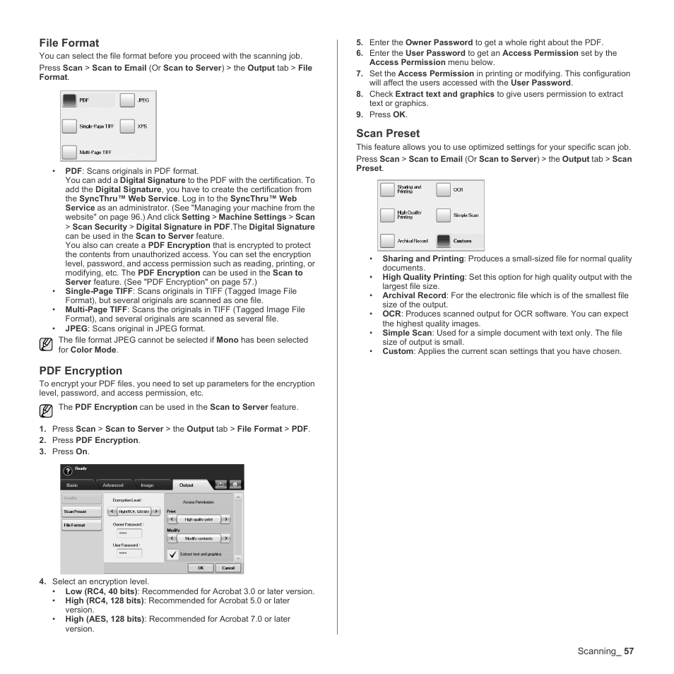 File format, Pdf encryption, Scan preset | See "file | Samsung SCX-6555N-XBG User Manual | Page 57 / 187