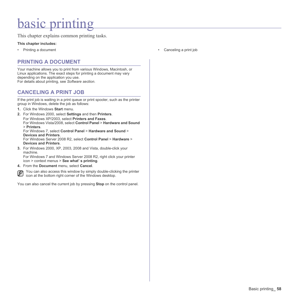 Basic printing, Printing a document, Canceling a print job | 58 printing a document 58 canceling a print job | Samsung SCX-6555N-XBG User Manual | Page 58 / 187