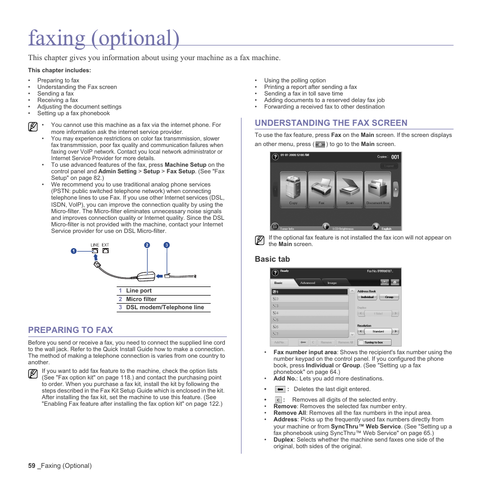 Faxing (optional), Preparing to fax, Understanding the fax screen | Basic tab | Samsung SCX-6555N-XBG User Manual | Page 59 / 187