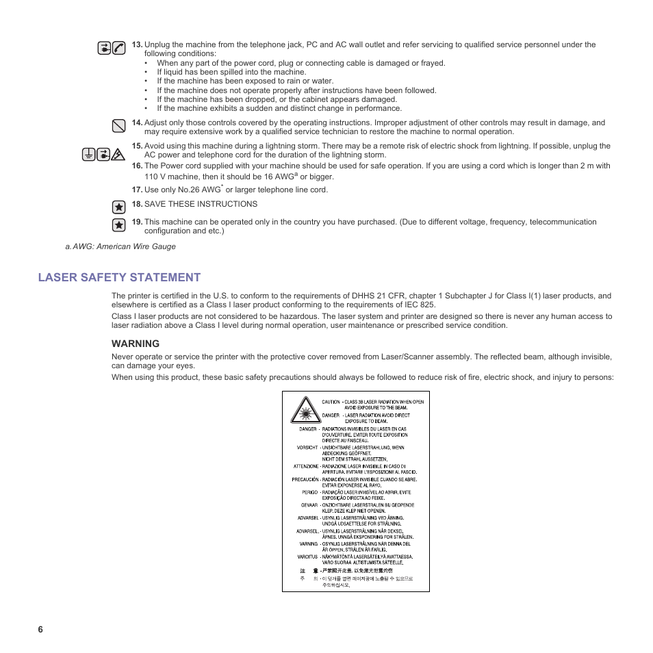 Laser safety statement | Samsung SCX-6555N-XBG User Manual | Page 6 / 187