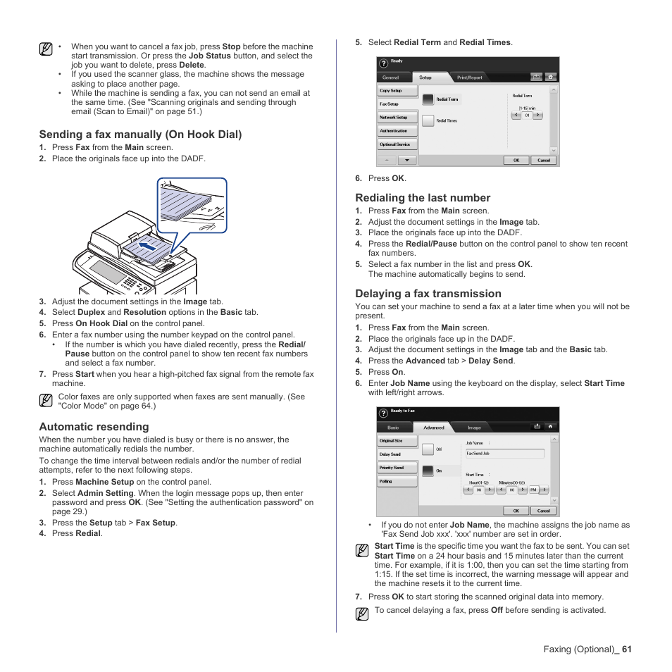 Sending a fax manually (on hook dial), Automatic resending, Redialing the last number | Delaying a fax transmission, Sending a fax manually ( on | Samsung SCX-6555N-XBG User Manual | Page 61 / 187