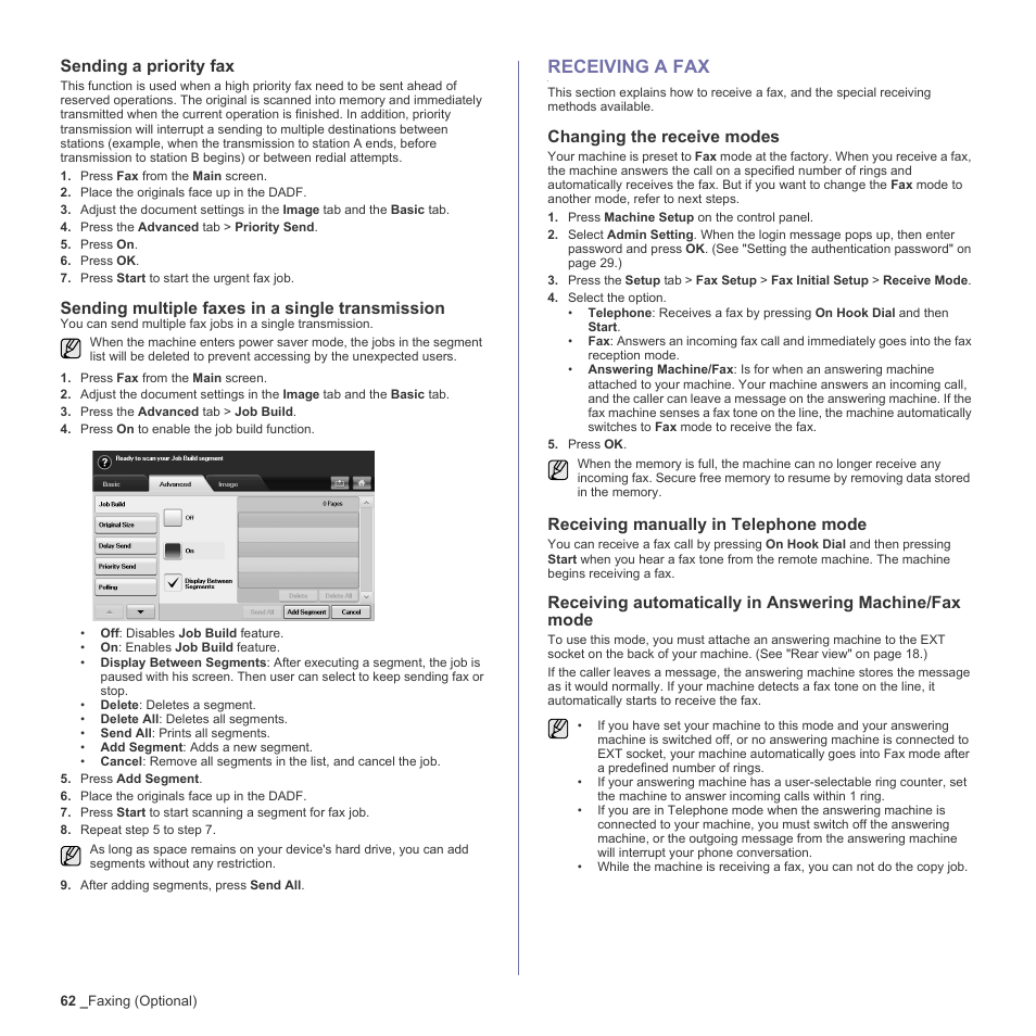 Sending a priority fax, Sending multiple faxes in a single transmission, Receiving a fax | Changing the receive modes, Receiving manually in telephone mode, 62 receiving a fax, See "sending multiple faxes in a single | Samsung SCX-6555N-XBG User Manual | Page 62 / 187