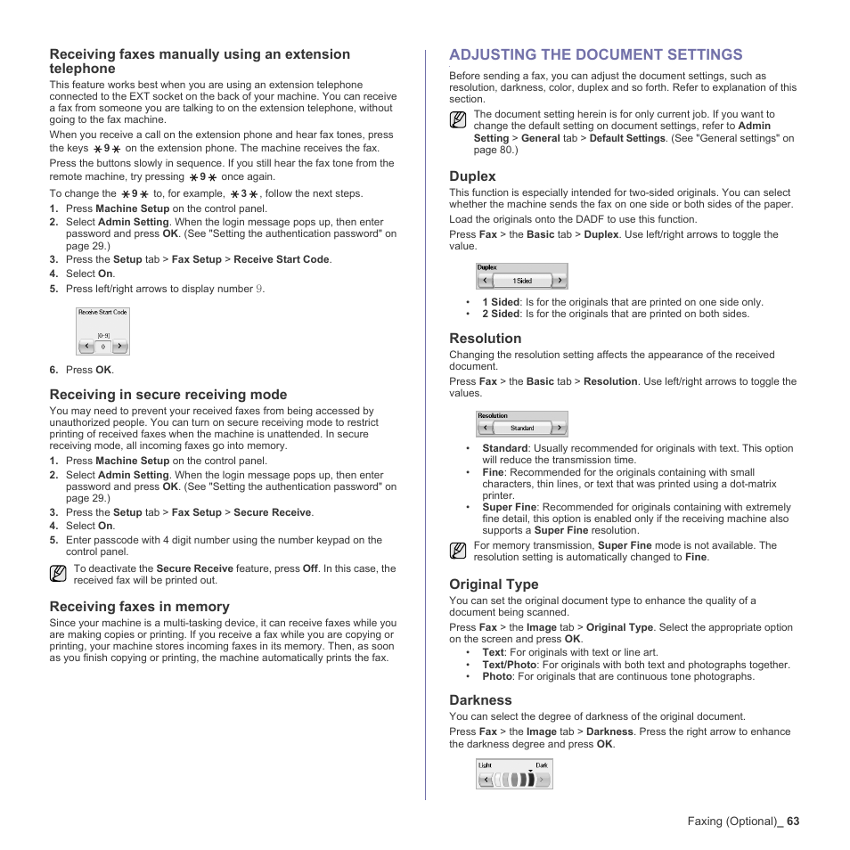 Receiving in secure receiving mode, Receiving faxes in memory, Adjusting the document settings | Duplex, Resolution, Original type, Darkness, 63 adjusting the document settings, X. (see | Samsung SCX-6555N-XBG User Manual | Page 63 / 187