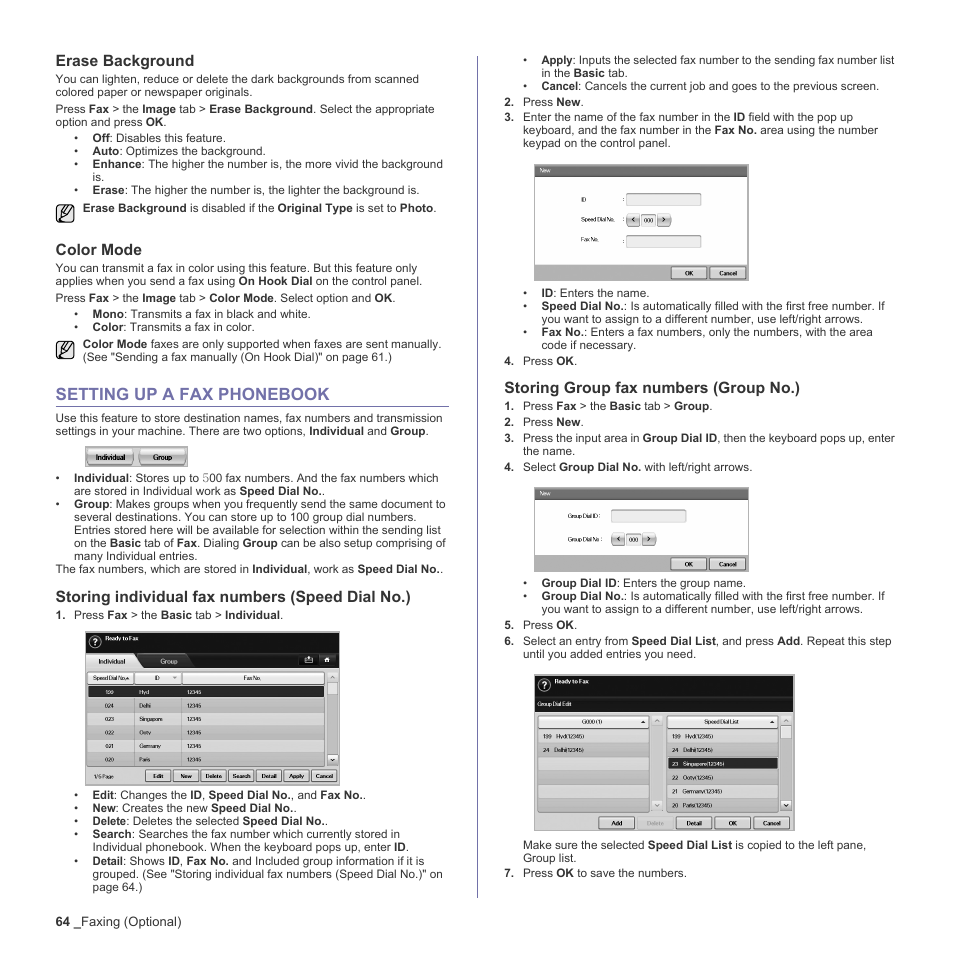 Erase background, Color mode, Setting up a fax phonebook | Storing individual fax numbers (speed dial no.), Storing group fax numbers (group no.), 64 setting up a fax phonebook, Storing individual fax numbers, Storing group fax numbers ( g, See "setting up a fax, Ly. (see | Samsung SCX-6555N-XBG User Manual | Page 64 / 187