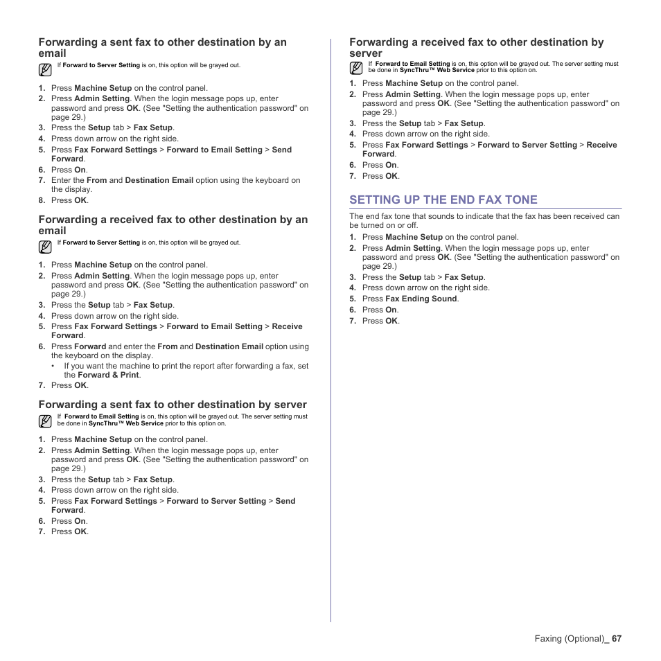 Setting up the end fax tone, 67 setting up the end fax tone | Samsung SCX-6555N-XBG User Manual | Page 67 / 187