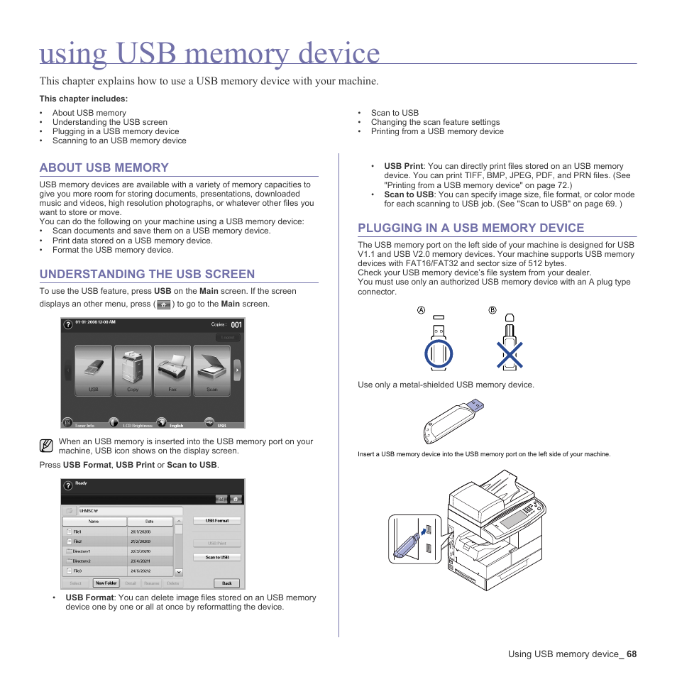 Using usb memory device, About usb memory, Understanding the usb screen | Plugging in a usb memory device | Samsung SCX-6555N-XBG User Manual | Page 68 / 187