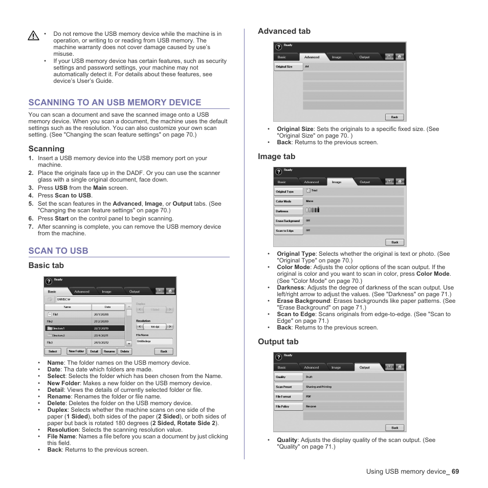 Scanning to an usb memory device, Scanning, Scan to usb | Basic tab, Advanced tab, Image tab, Output tab, 69 scanning to an usb memory device | Samsung SCX-6555N-XBG User Manual | Page 69 / 187