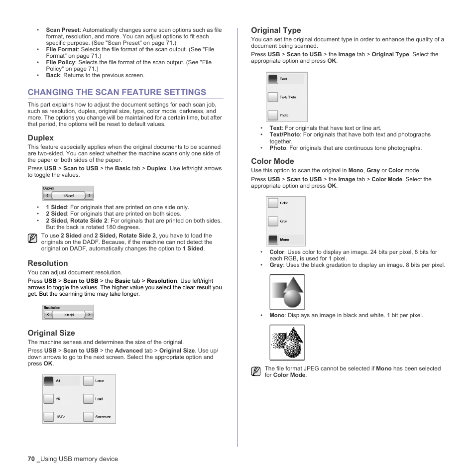 Changing the scan feature settings, Duplex, Resolution | Original size, Original type, Color mode, 70 changing the scan feature settings, Bs. (see, Xt or photo. (see | Samsung SCX-6555N-XBG User Manual | Page 70 / 187