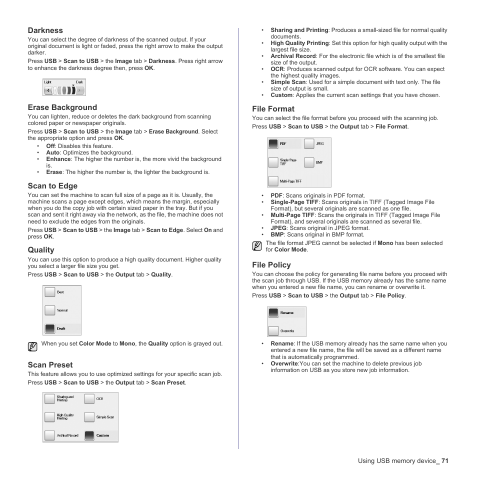 Darkness, Erase background, Scan to edge | Quality, Scan preset, File format, File policy, Rns. (see, Dge. (see "scan to, See "file | Samsung SCX-6555N-XBG User Manual | Page 71 / 187