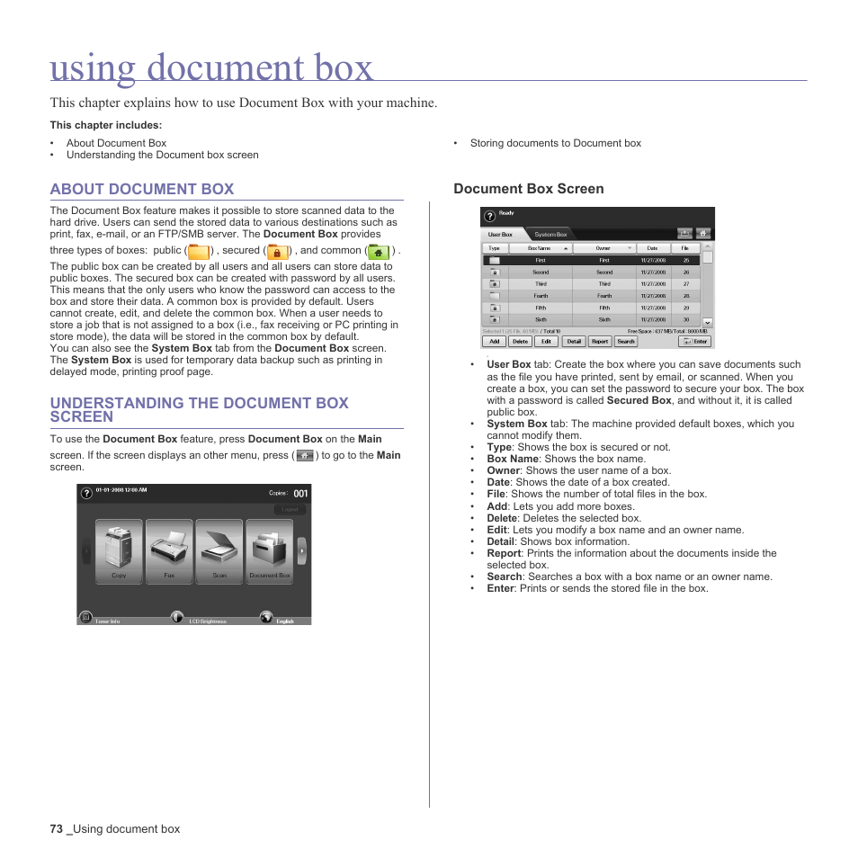 Using document box, About document box, Understanding the document box screen | Document box screen | Samsung SCX-6555N-XBG User Manual | Page 73 / 187