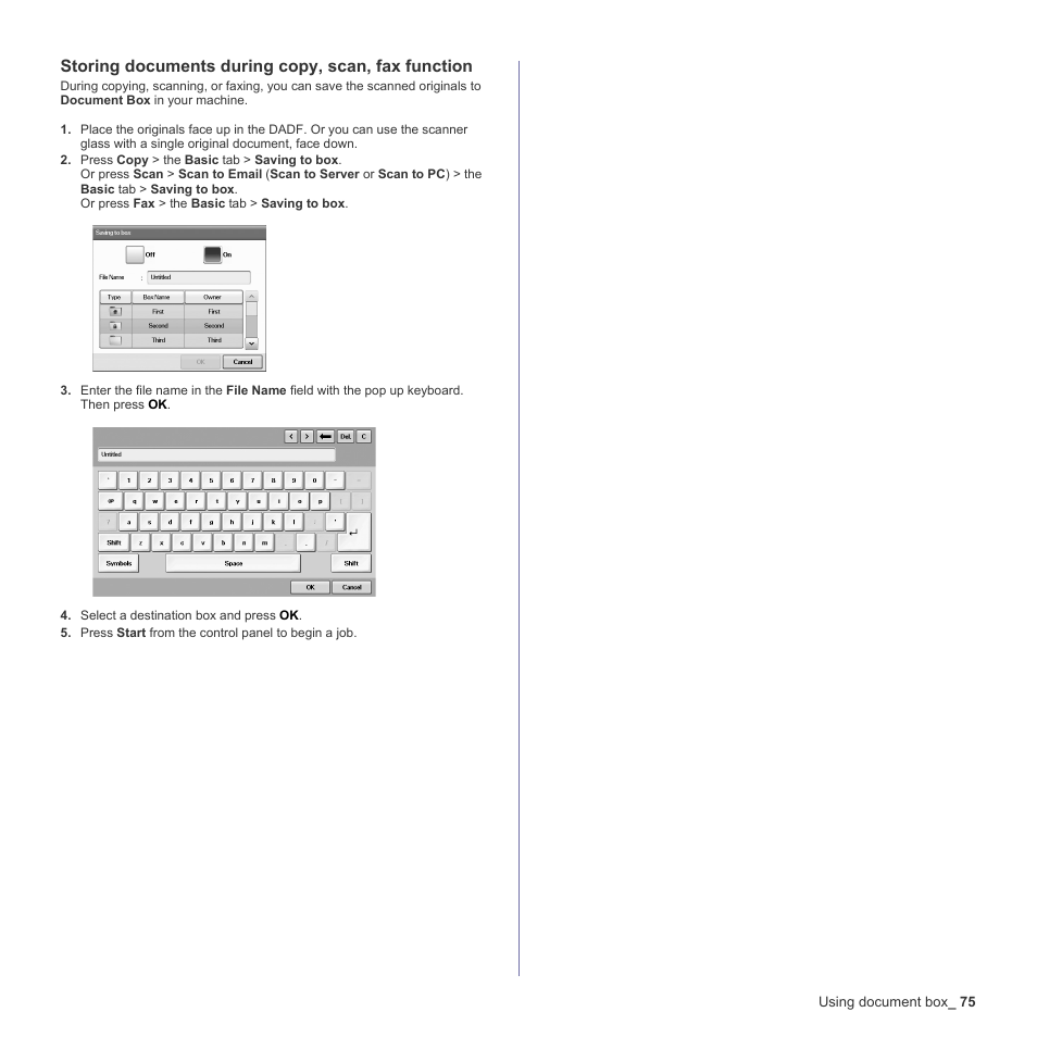 Storing documents during copy, scan, fax function | Samsung SCX-6555N-XBG User Manual | Page 75 / 187