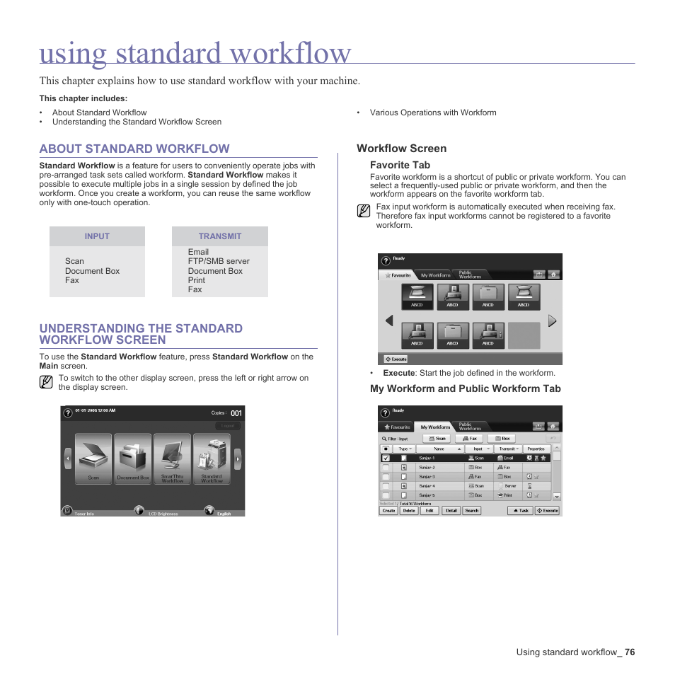 Using standard workflow, About standard workflow, Understanding the standard workflow screen | Workflow screen, 76 about stan, 76 understanding the st | Samsung SCX-6555N-XBG User Manual | Page 76 / 187