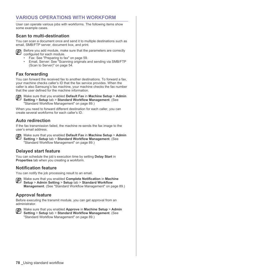 Various operations with workform, Scan to multi-destination, Fax forwarding | Auto redirection, Delayed start feature, Notification feature, Approval feature, 78 various operations with workform | Samsung SCX-6555N-XBG User Manual | Page 78 / 187