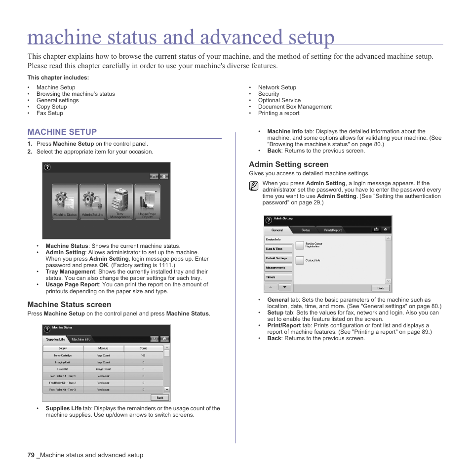 Machine status and advanced setup, Machine setup, Machine status screen | Admin setting screen | Samsung SCX-6555N-XBG User Manual | Page 79 / 187