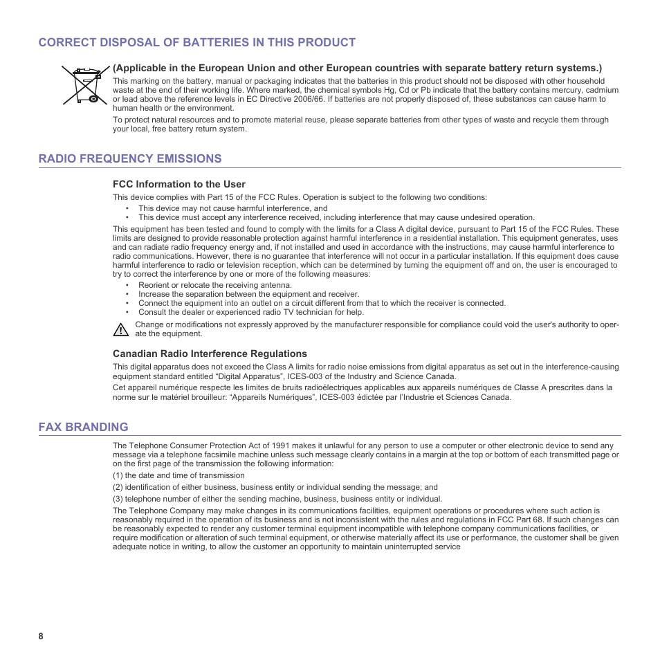 Correct disposal of batteries in this product, Radio frequency emissions, Fax branding | Samsung SCX-6555N-XBG User Manual | Page 8 / 187