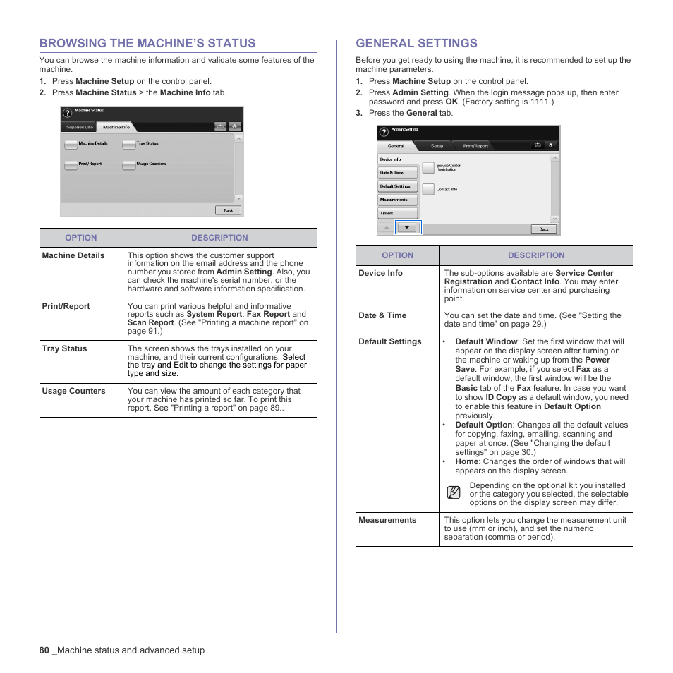 Browsing the machine’s status, General settings, See "general settings" on | Ne. (see | Samsung SCX-6555N-XBG User Manual | Page 80 / 187