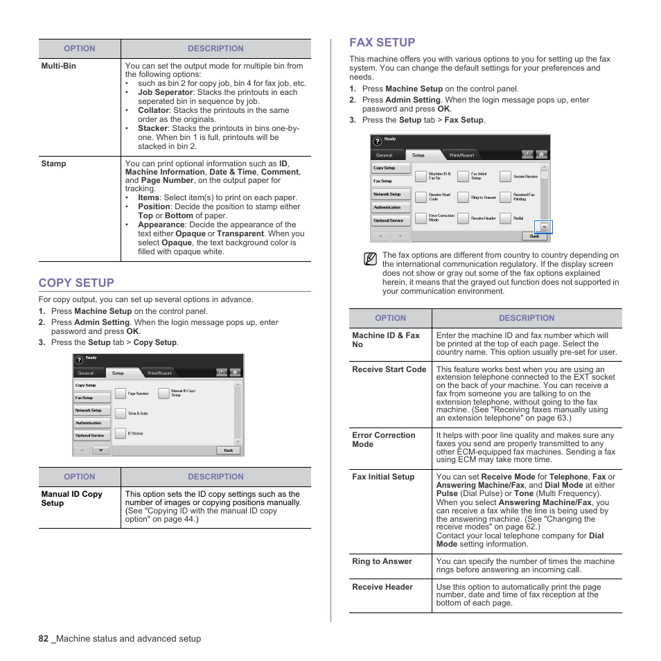 Copy setup, Fax setup, See "fax | Samsung SCX-6555N-XBG User Manual | Page 82 / 187