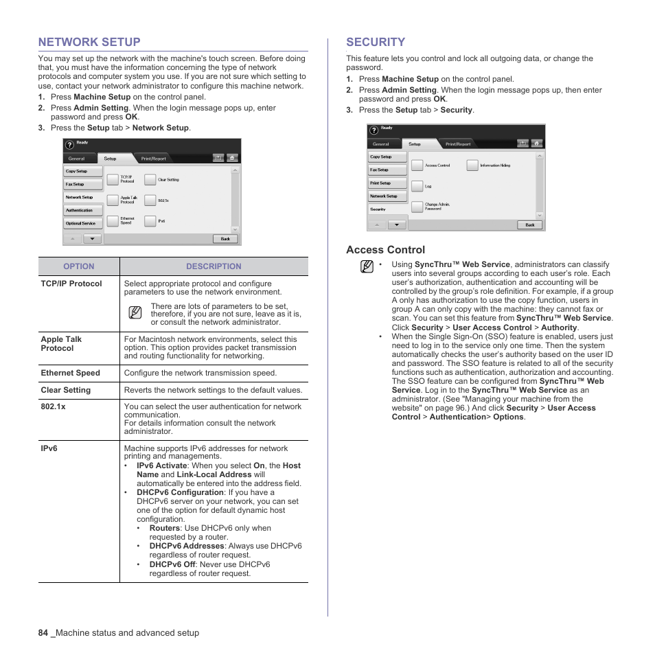 Network setup, Security, Access control | 84 network setup 84 | Samsung SCX-6555N-XBG User Manual | Page 84 / 187