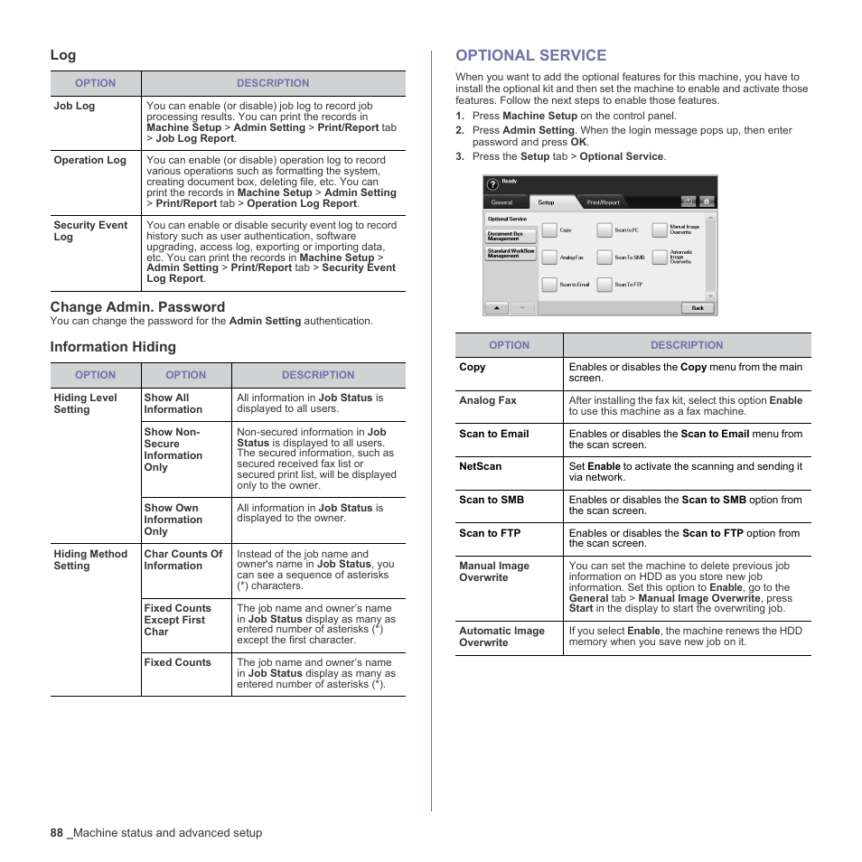 Change admin. password, Information hiding, Optional service | Log change admin. password | Samsung SCX-6555N-XBG User Manual | Page 88 / 187