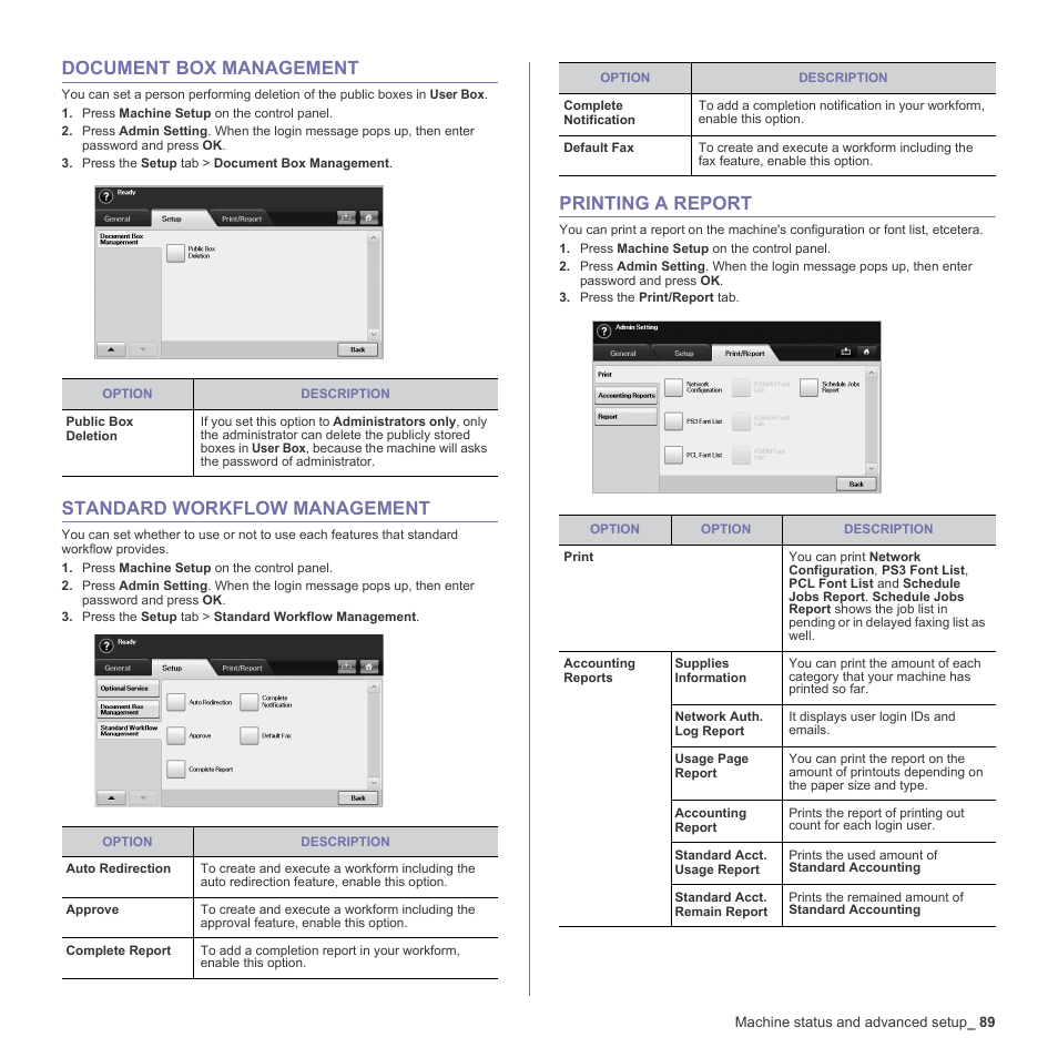 Document box management, Standard workflow management, Printing a report | 89 printing a report, See "printing a | Samsung SCX-6555N-XBG User Manual | Page 89 / 187