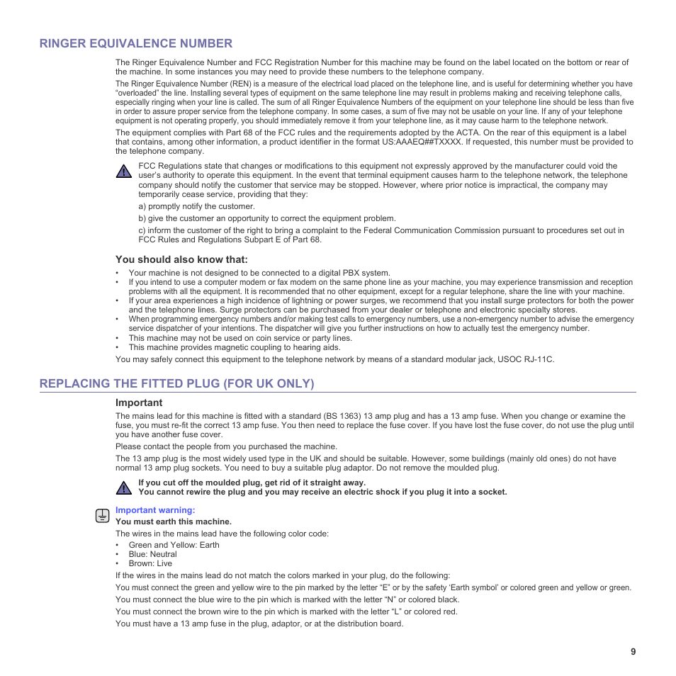 Ringer equivalence number, Replacing the fitted plug (for uk only) | Samsung SCX-6555N-XBG User Manual | Page 9 / 187