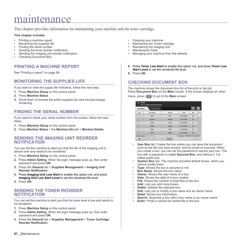 Maintenance, Printing a machine report, Monitoring the supplies life | Finding the serial number, Sending the imaging unit reorder notification, Sending the toner reorder notification, Checking document box, See "checking, See "printing a machine report" on | Samsung SCX-6555N-XBG User Manual | Page 91 / 187