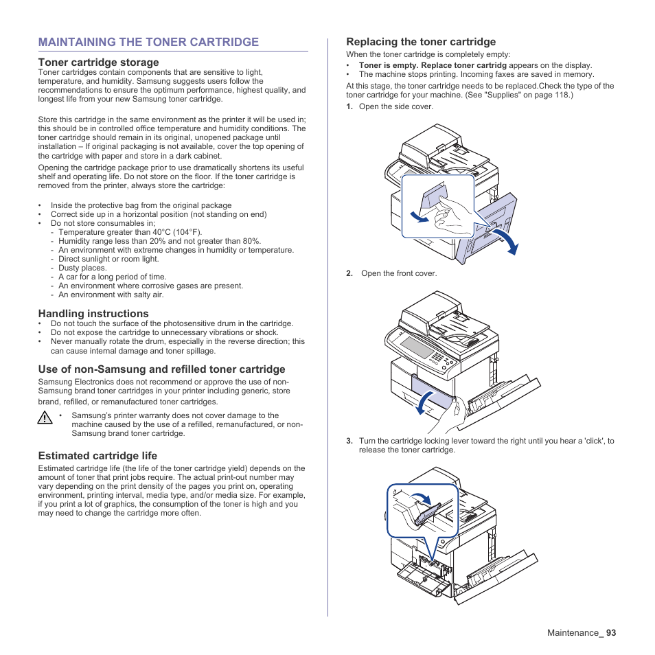 Maintaining the toner cartridge, Toner cartridge storage, Handling instructions | Use of non-samsung and refilled toner cartridge, Estimated cartridge life, Replacing the toner cartridge, 93 maintaining the toner cartridge, See "replacing the toner cartridge" on | Samsung SCX-6555N-XBG User Manual | Page 93 / 187