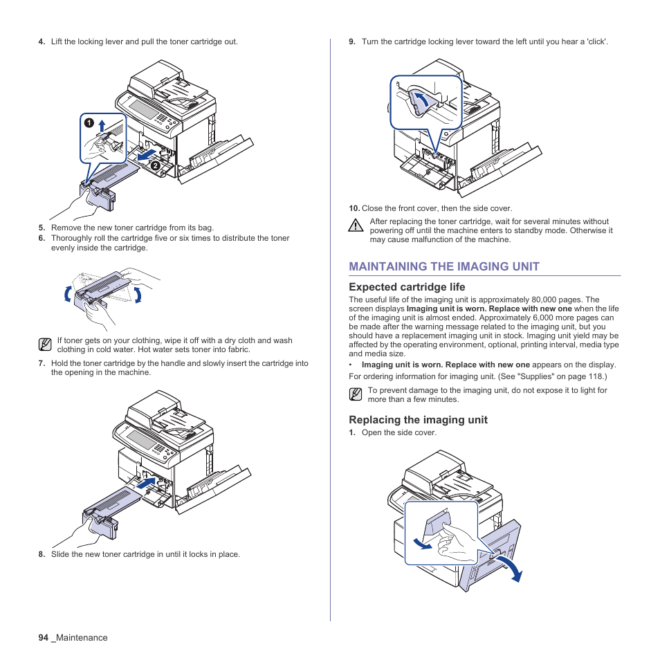 Maintaining the imaging unit, Expected cartridge life, Replacing the imaging unit | 94 maintaining the imaging unit, Ne. (see "replacing the imaging unit" on | Samsung SCX-6555N-XBG User Manual | Page 94 / 187