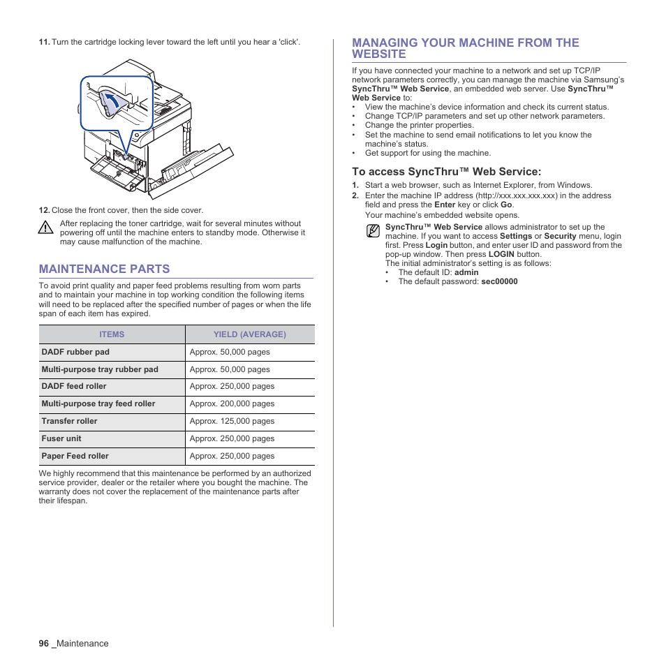 Maintenance parts, Managing your machine from the website, To access syncthru™ web service | Rator. (see, See "managing your machine from the website" on, Strator. (see "managing your machine from the, See "managing your, Istrator. (see | Samsung SCX-6555N-XBG User Manual | Page 96 / 187