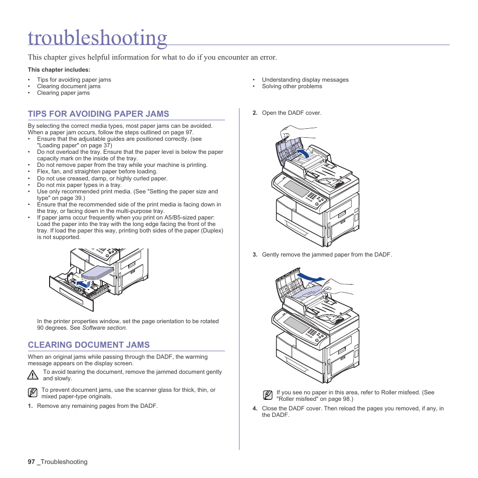 Troubleshooting, Tips for avoiding paper jams, Clearing document jams | To troubleshooting part. see | Samsung SCX-6555N-XBG User Manual | Page 97 / 187
