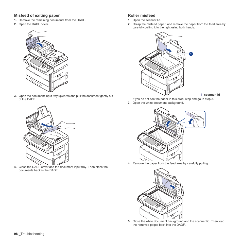 Misfeed of exiting paper, Roller misfeed, Roller misfeed. (see | Samsung SCX-6555N-XBG User Manual | Page 98 / 187