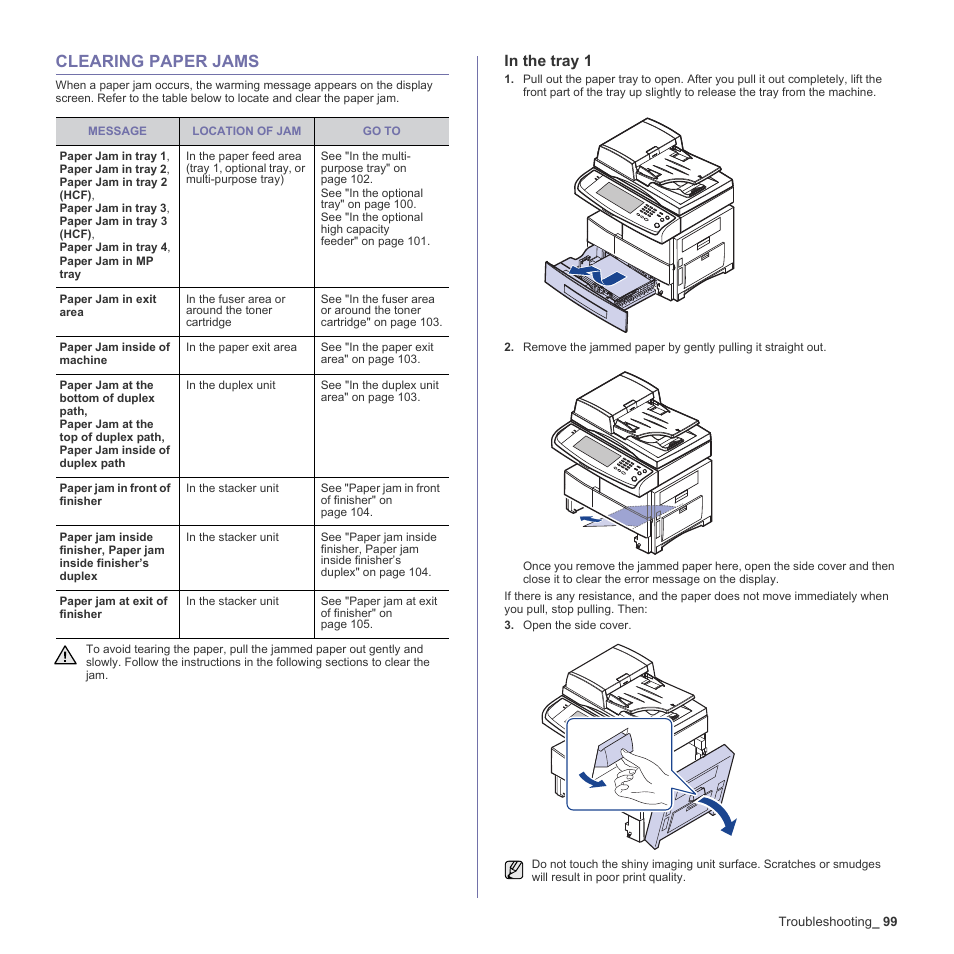 Clearing paper jams, In the tray 1, 99 clearing paper jams | S occurred. (see "clearing | Samsung SCX-6555N-XBG User Manual | Page 99 / 187