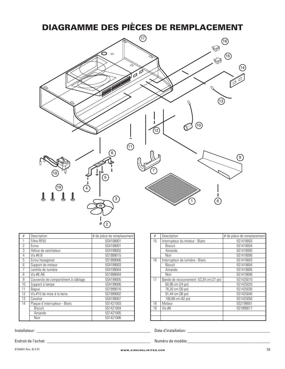 Diagramme des pièces de remplacement | Air King RF55 User Manual | Page 10 / 16