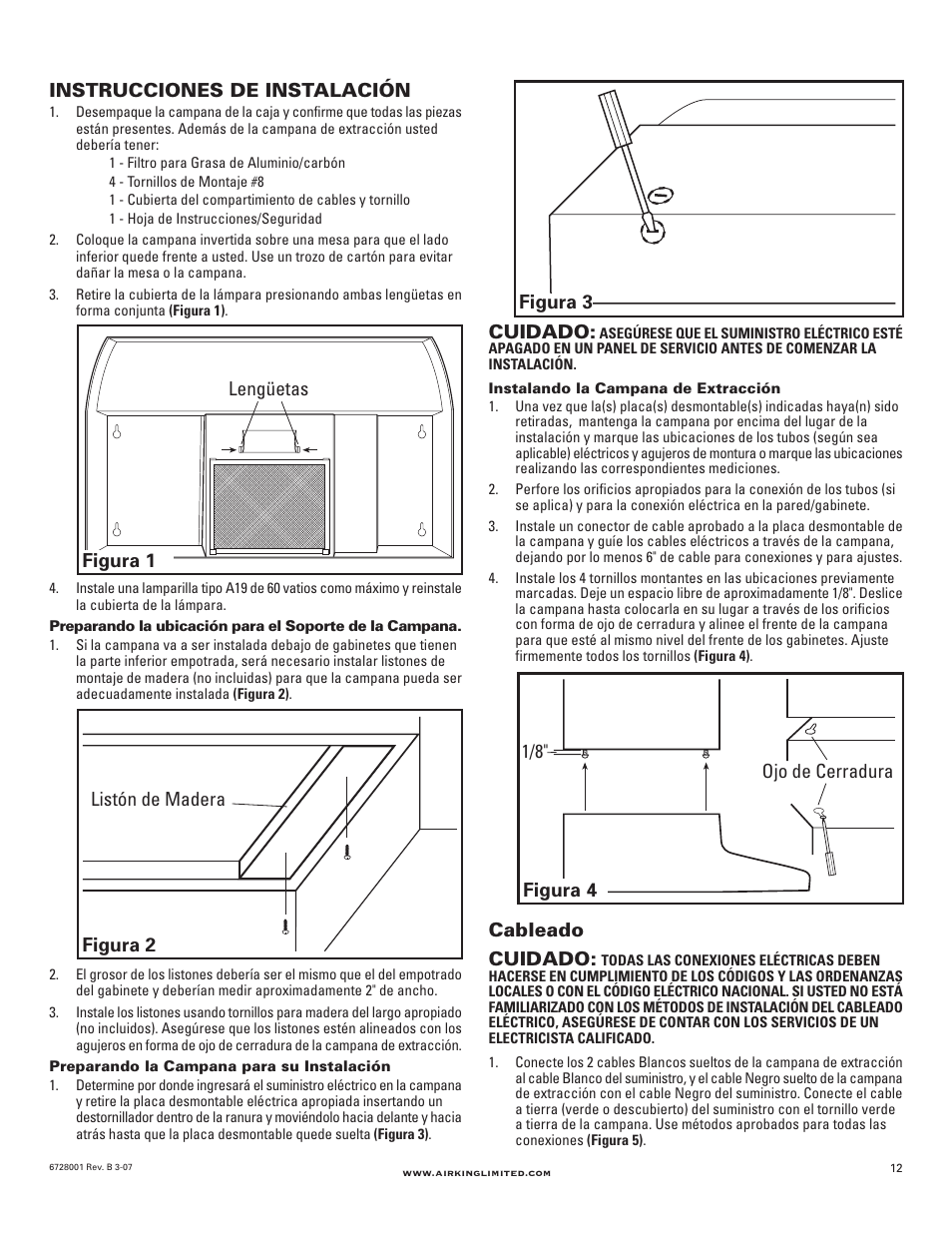 Instrucciones de instalación, Cuidado, Cableado cuidado | Listón de madera figura 2, Ojo de cerradura figura 4, Lengüetas figura 1 figura 3 | Air King RF55 User Manual | Page 12 / 16